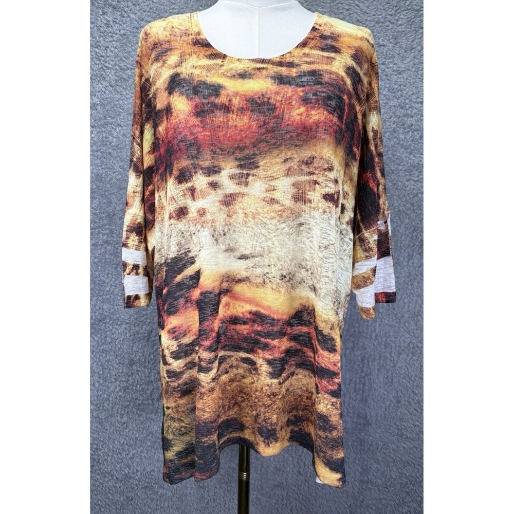 Jess & Jane Women XL Animal Print Tunic Top Slub Knit Striped Sleeves Semi Sheer